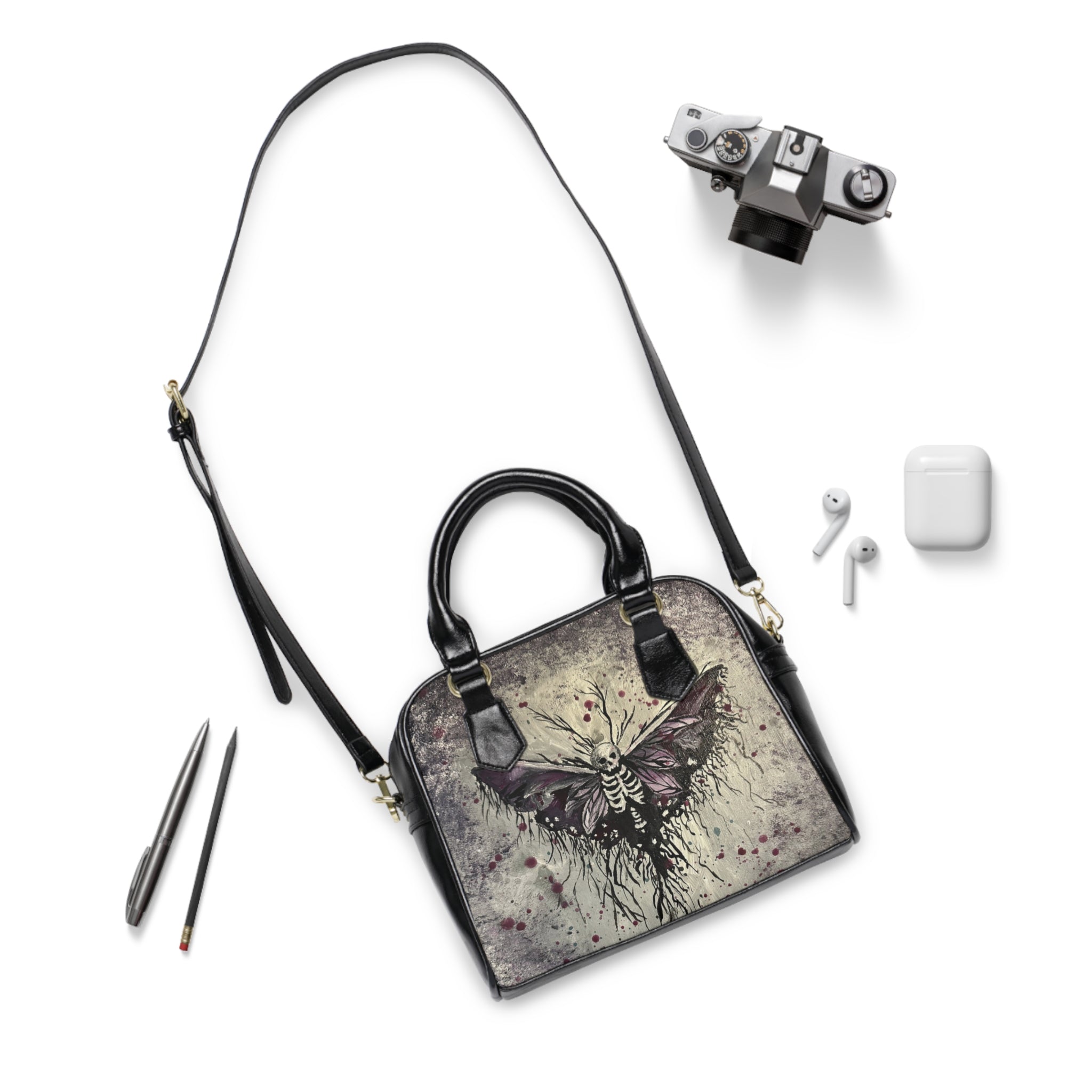 Gothic Moth Shoulder Handbag – Skeleton Wing Art Tote for Alternative Fashion