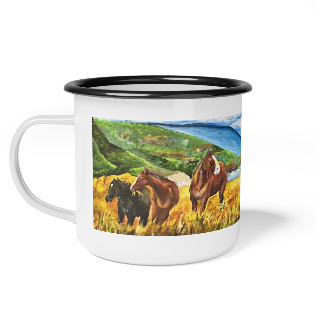 Enamel Camp Cup — Scenic Wild Horses Mountain Landscape Mug