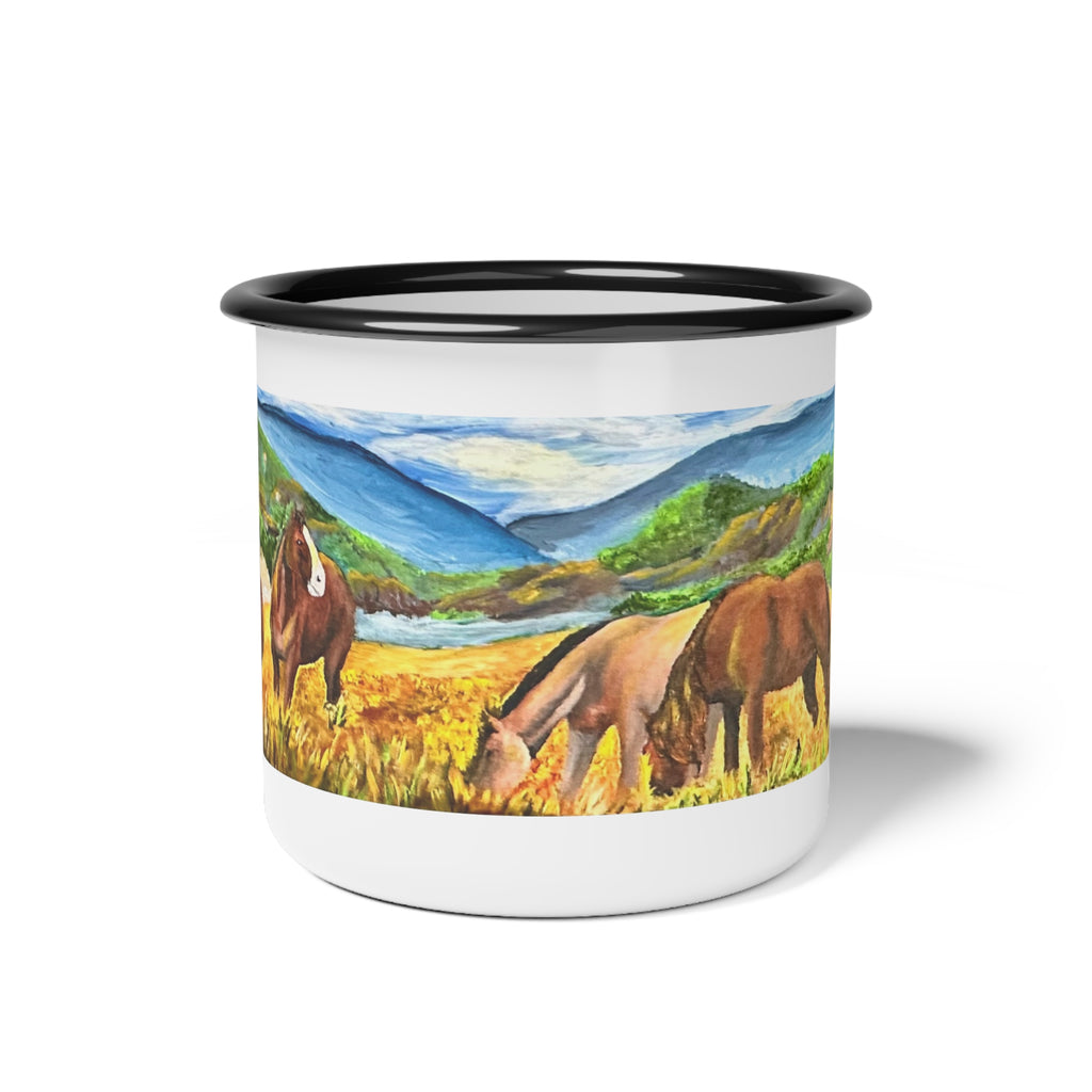 Enamel Camp Cup — Scenic Wild Horses Mountain Landscape Mug