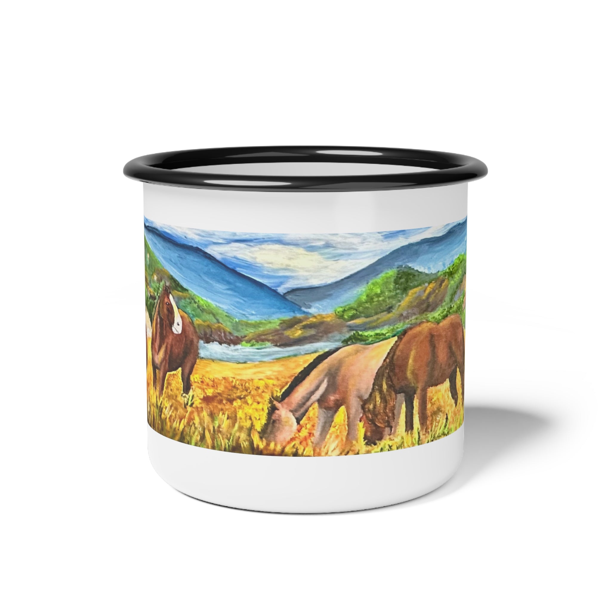 Enamel Camp Cup — Scenic Wild Horses Mountain Landscape Mug