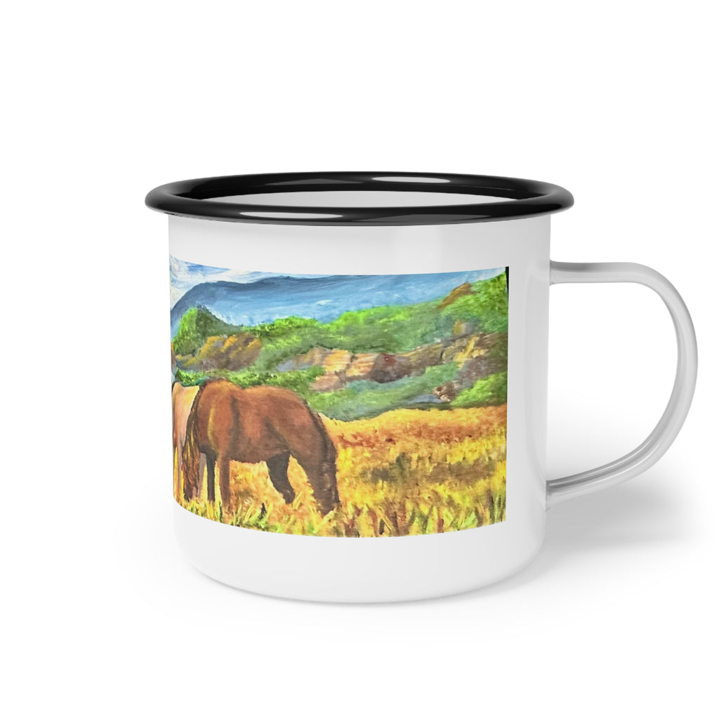 Enamel Camp Cup — Scenic Wild Horses Mountain Landscape Mug