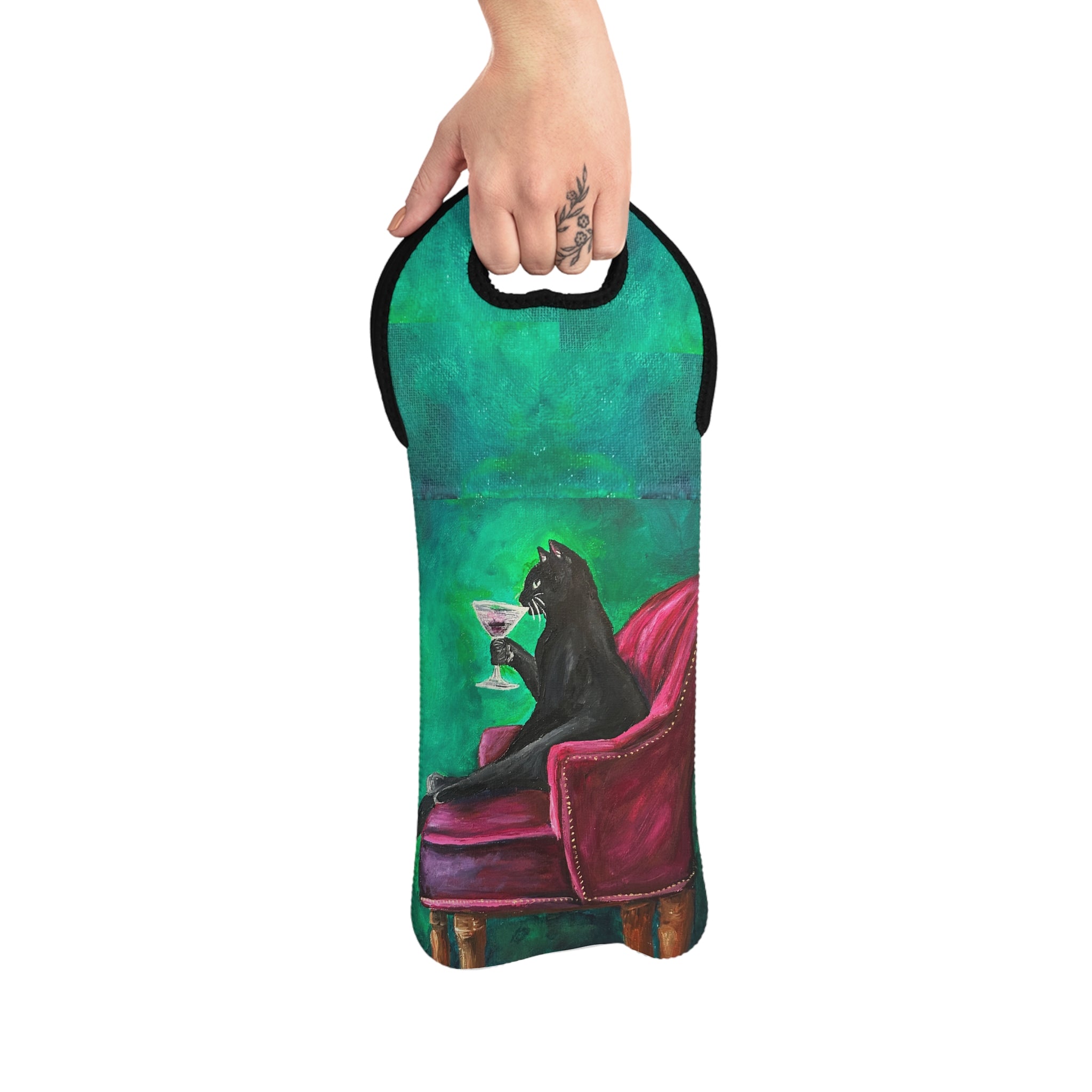 Wine Tote Bag - Black Cat on Velvet Chair Wine Carrier (Martini Art)