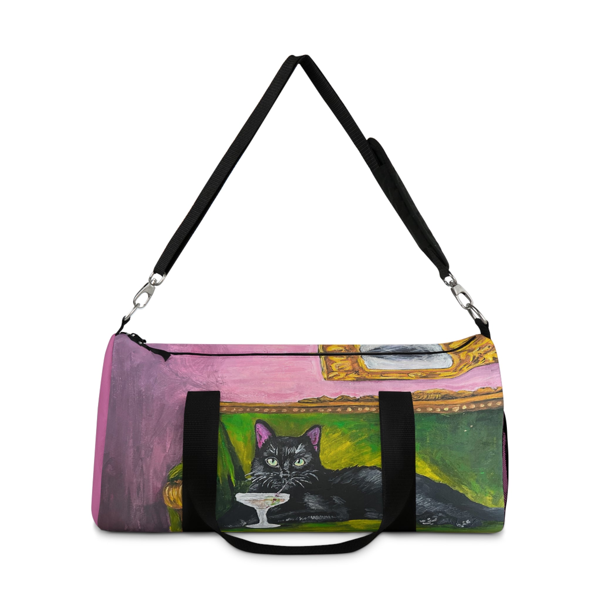 Black Cat Lounge Duffel Bag — Artistic Pet Portrait Gym Weekender