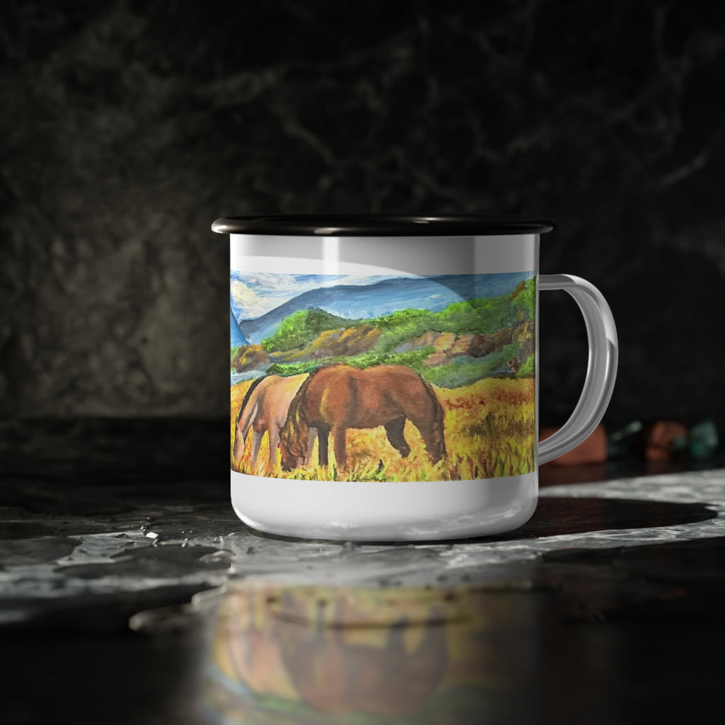 Enamel Camp Cup — Scenic Wild Horses Mountain Landscape Mug