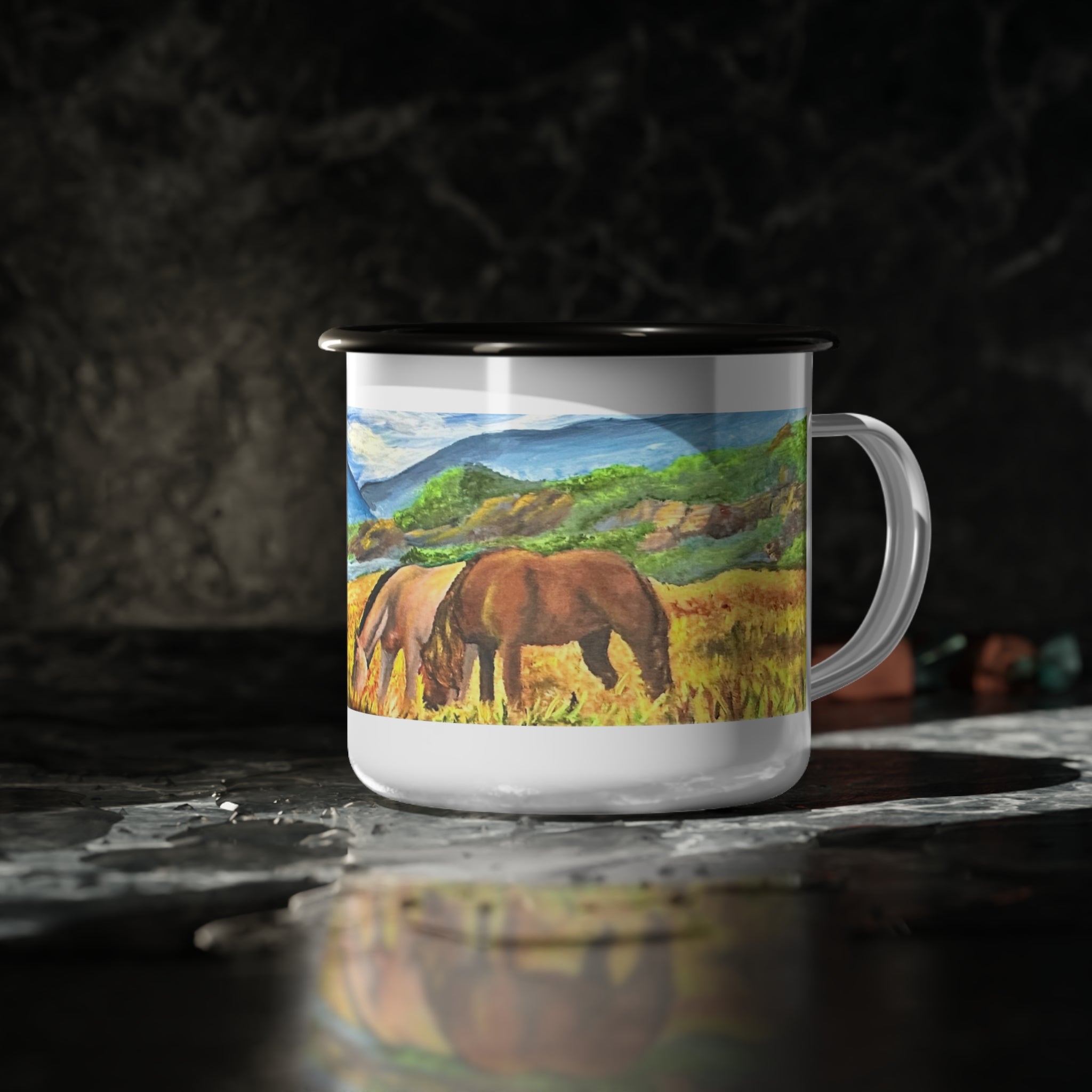 Enamel Camp Cup — Scenic Wild Horses Mountain Landscape Mug