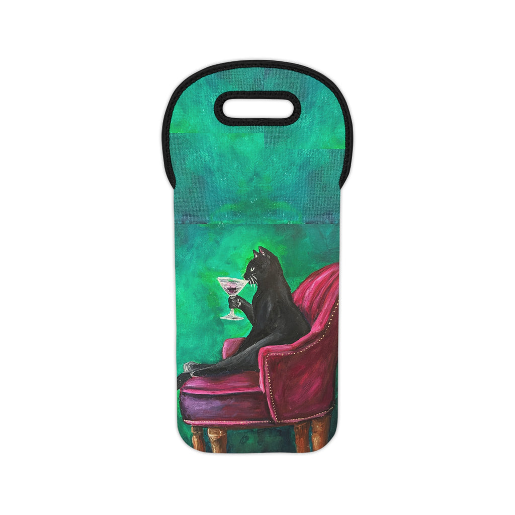 Wine Tote Bag - Black Cat on Velvet Chair Wine Carrier (Martini Art)