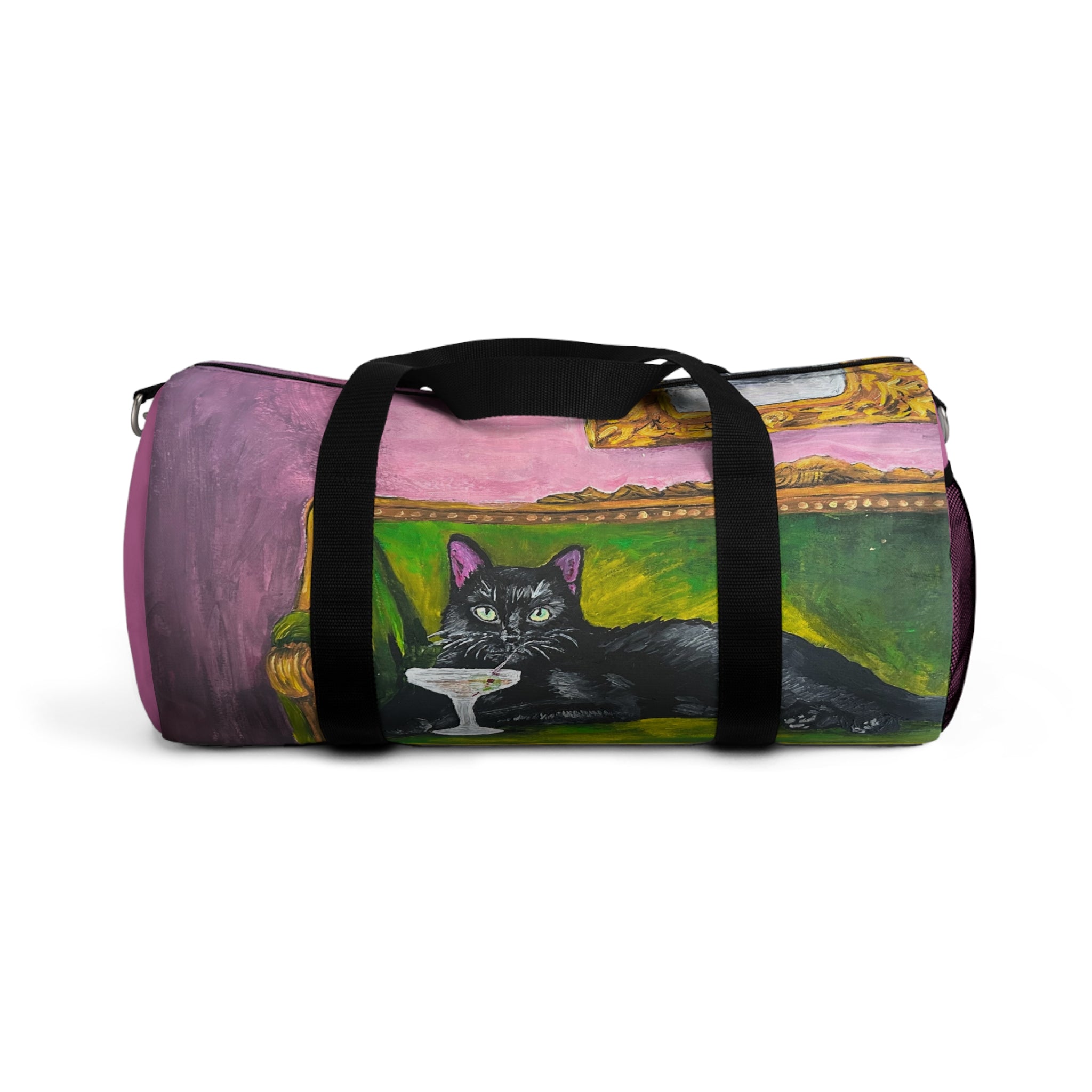 Black Cat Lounge Duffel Bag — Artistic Pet Portrait Gym Weekender