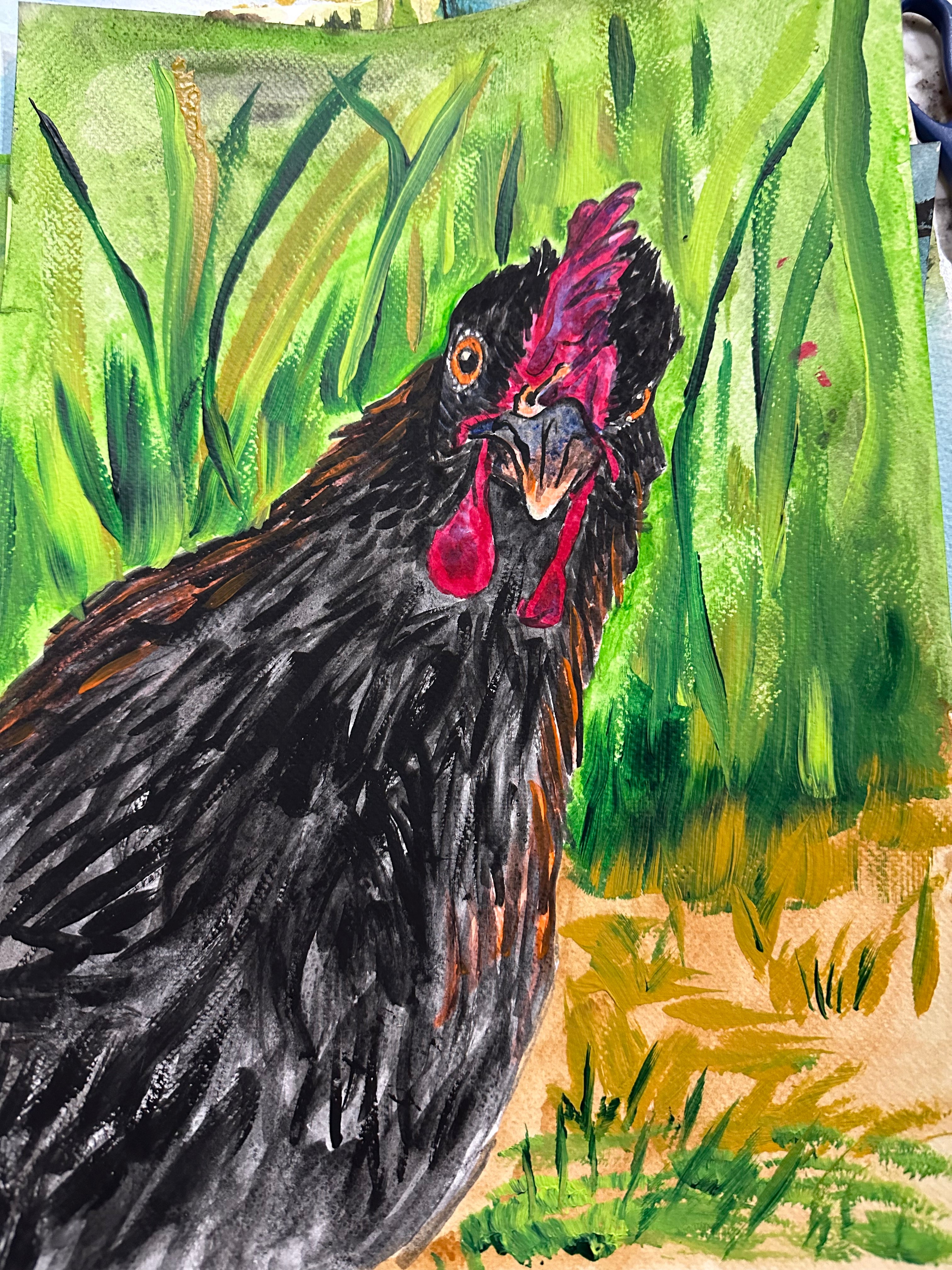 Rooster looking at me in Watercolor