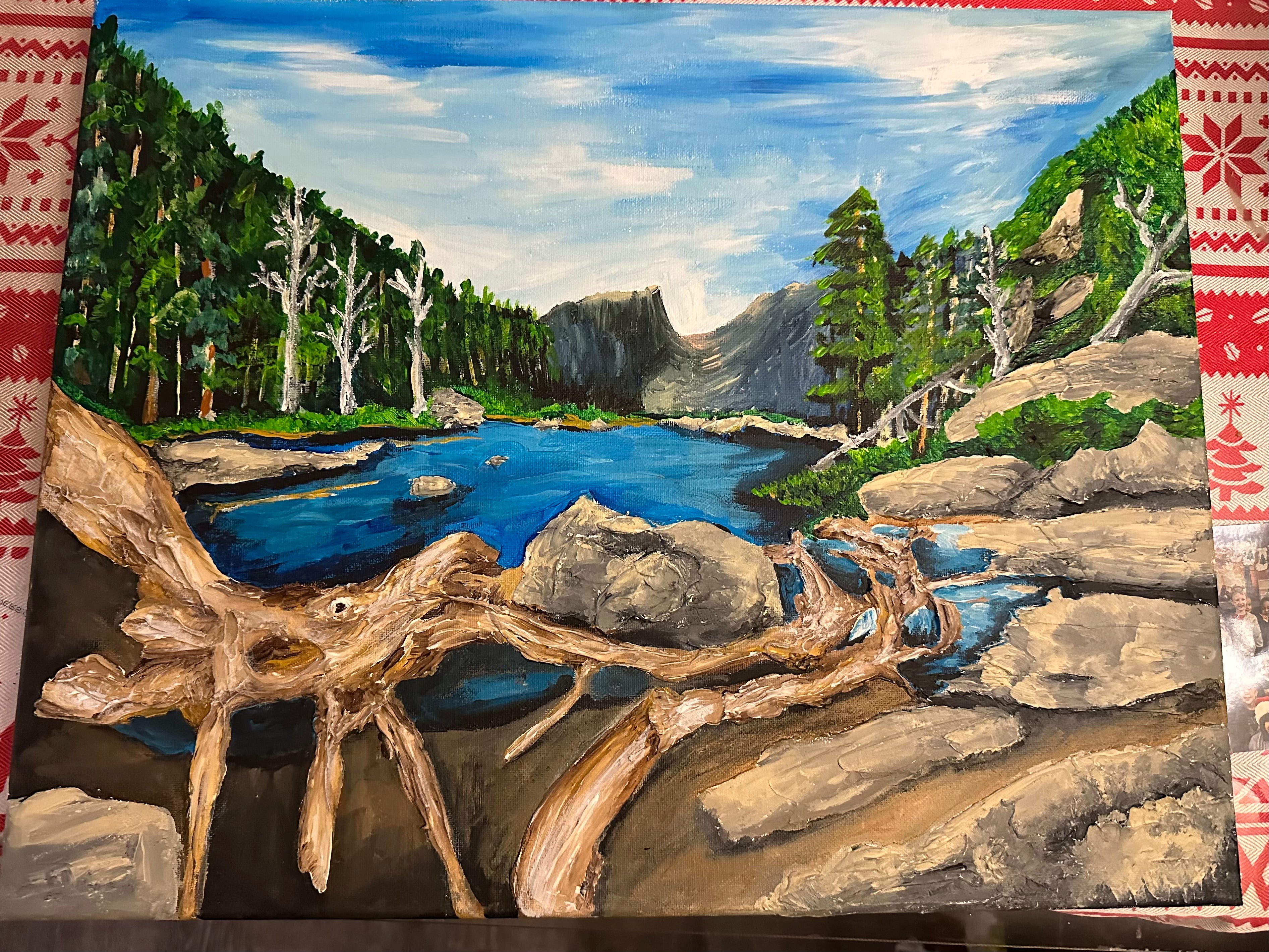 Lake with driftwood canvas mixed media