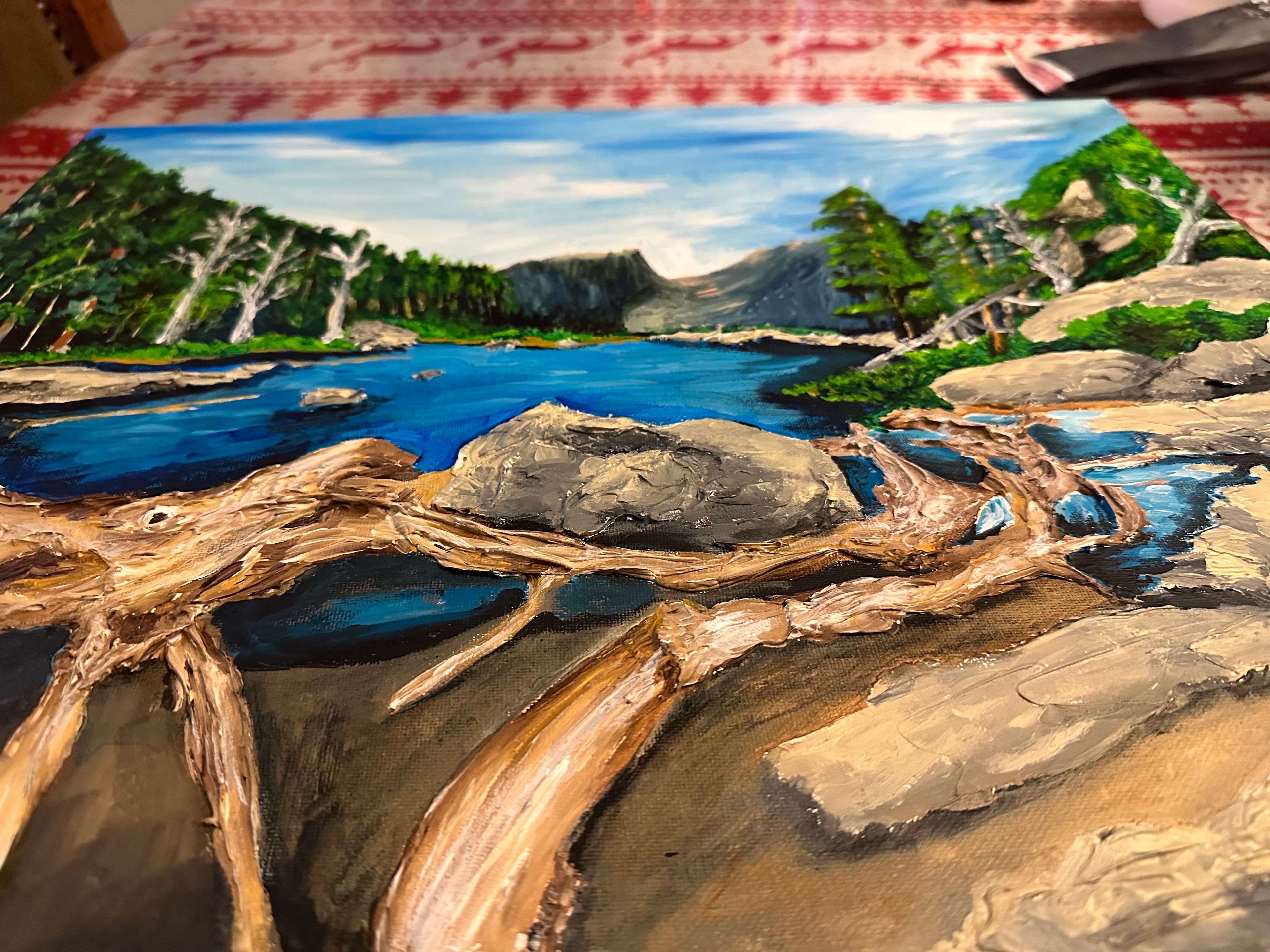 Lake with driftwood canvas mixed media