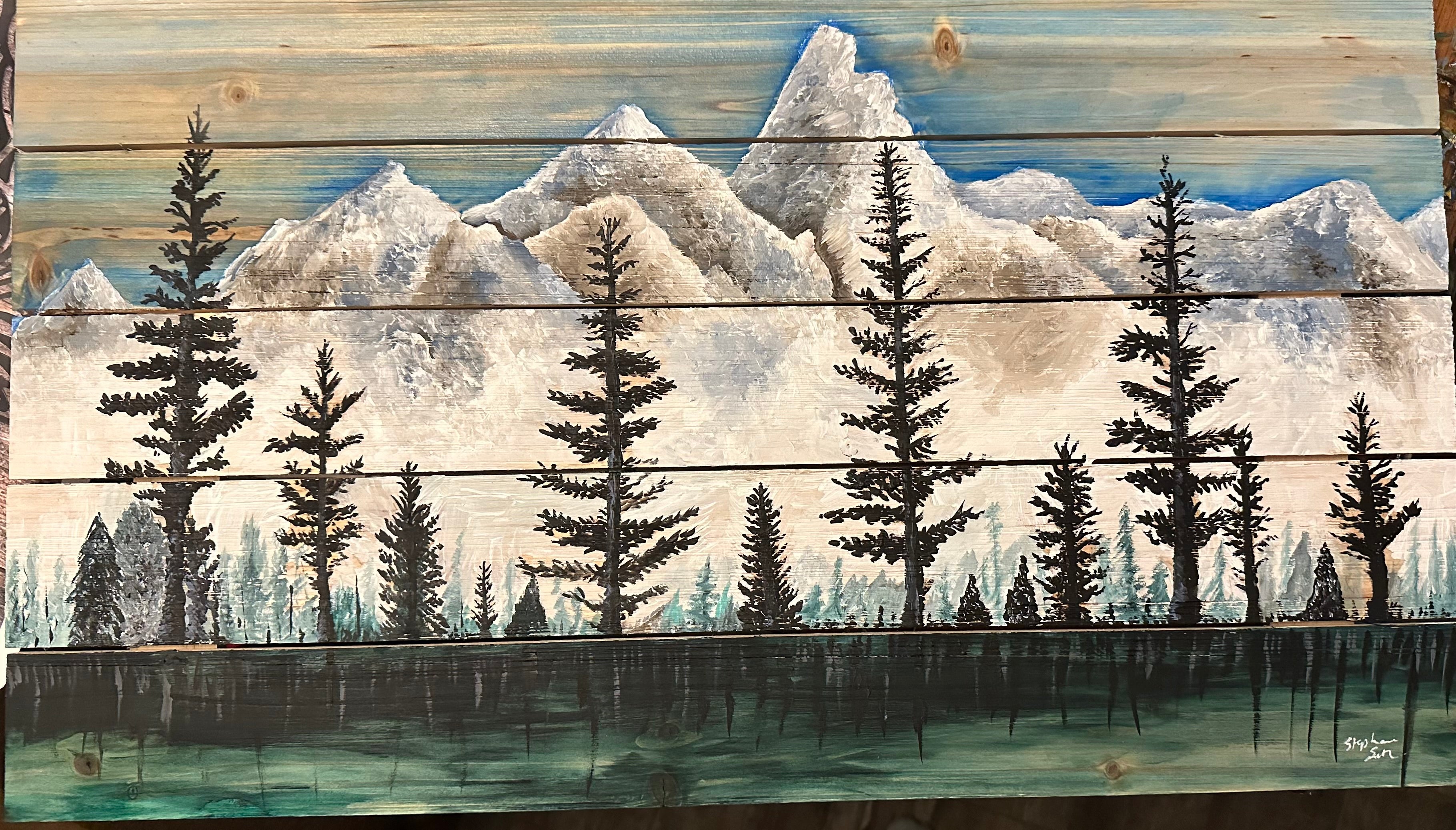 Mountainscape on wood