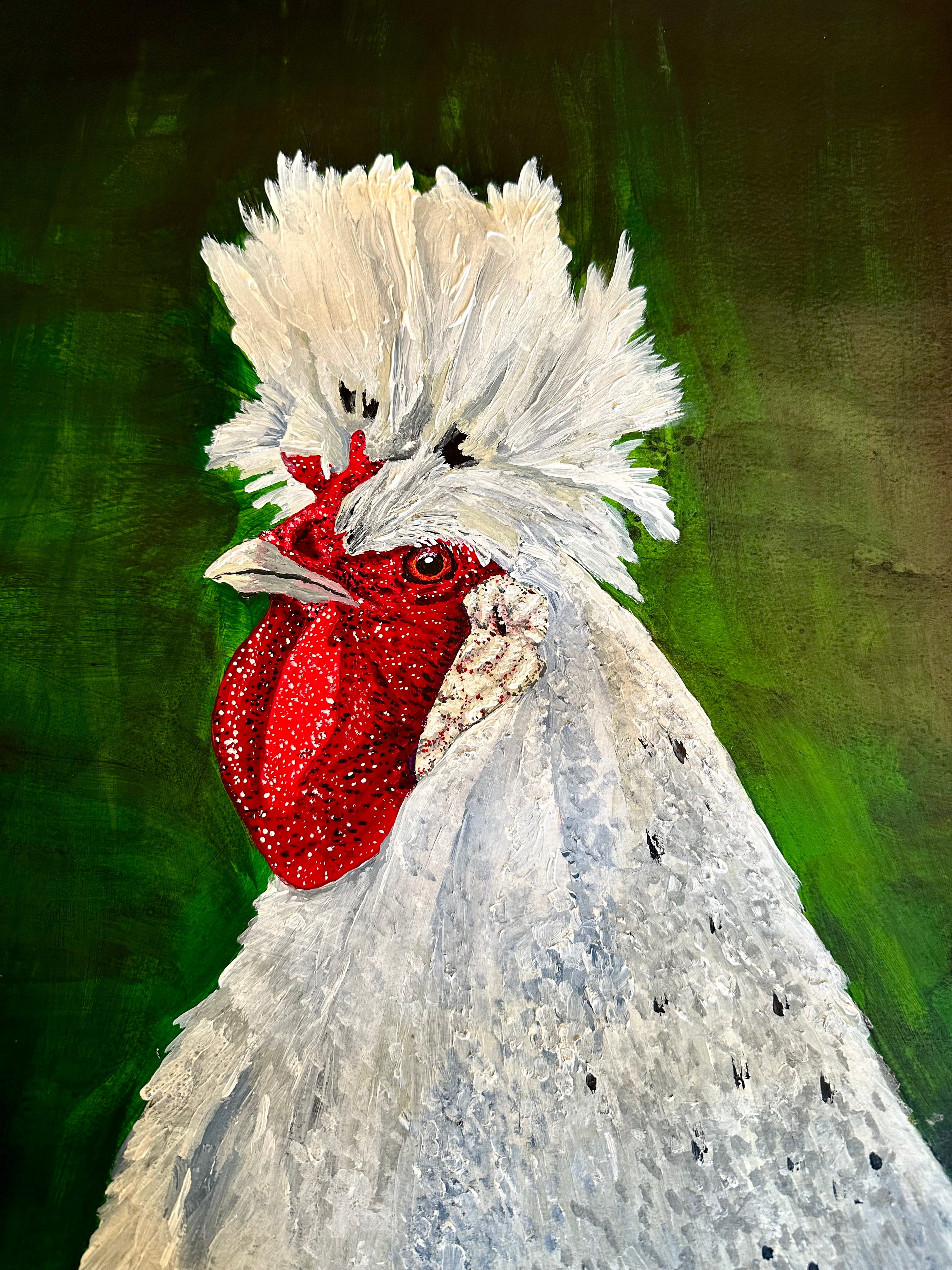 White rooster green background