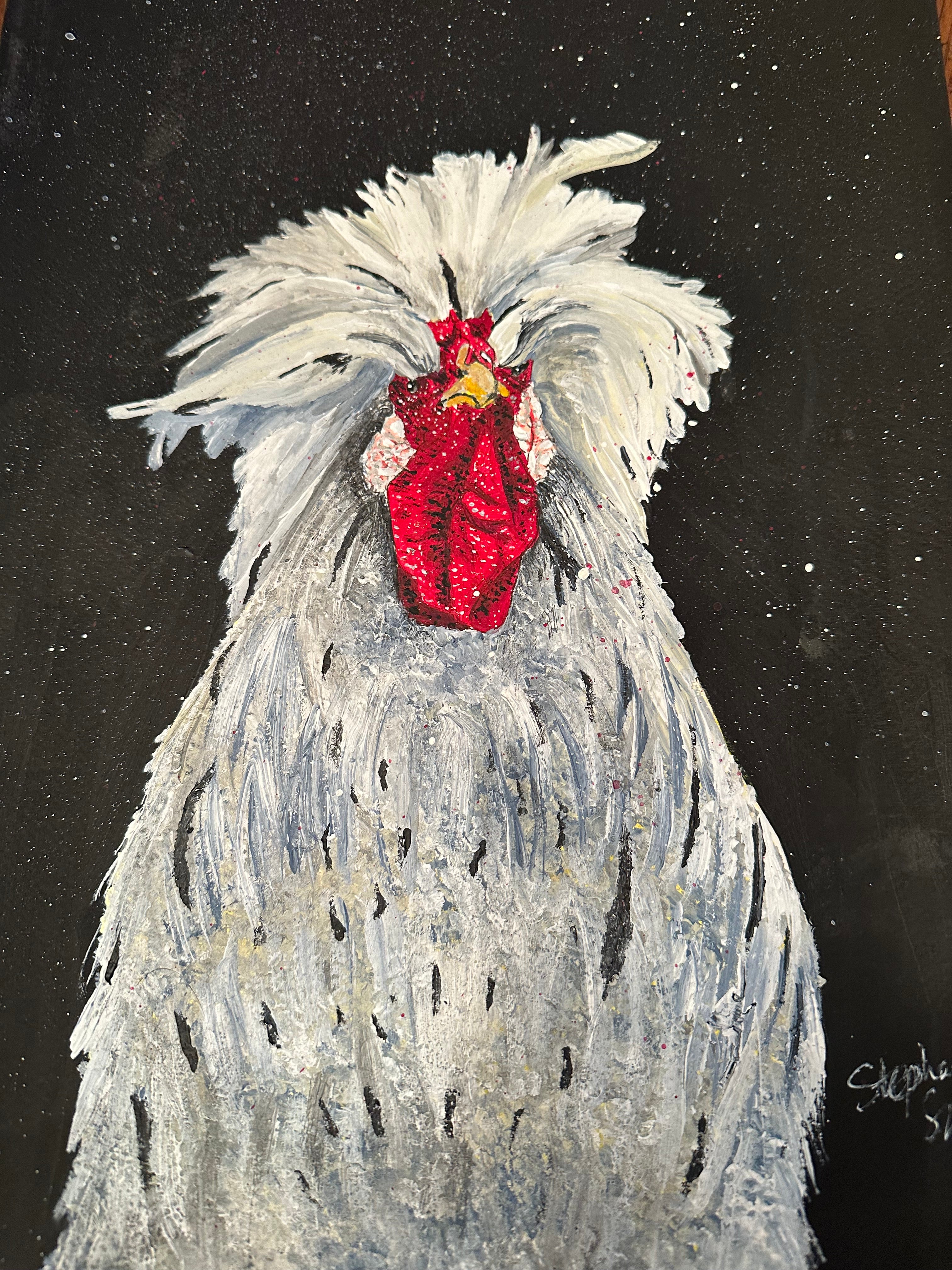 White rooster black background
